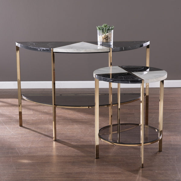 Homeroots 44" Black White And Champagne Faux Marble Half Moon Console Table With Shelves   402402