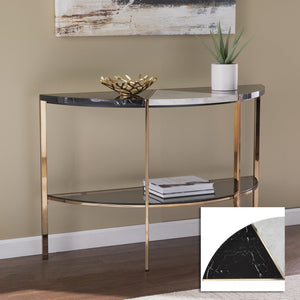 Homeroots 44" Black White And Champagne Faux Marble Half Moon Console Table With Shelves   402402