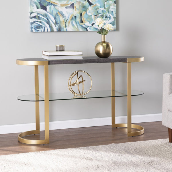 Homeroots 49" Gray And Gold Solid Wood Oval Sled Console Table With Storage   402403