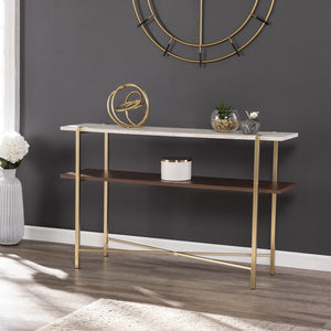 Homeroots 47" Beige And Gold Faux Marble Frame Console Table With Shelves   402404