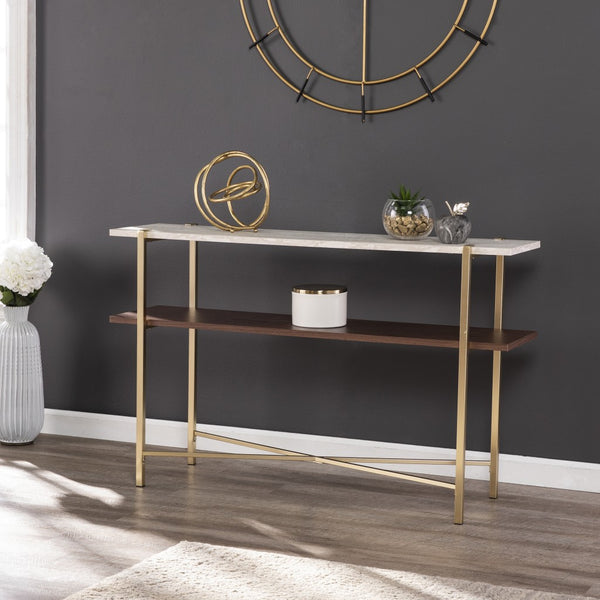 Homeroots 47" Beige And Gold Faux Marble Frame Console Table With Shelves   402404