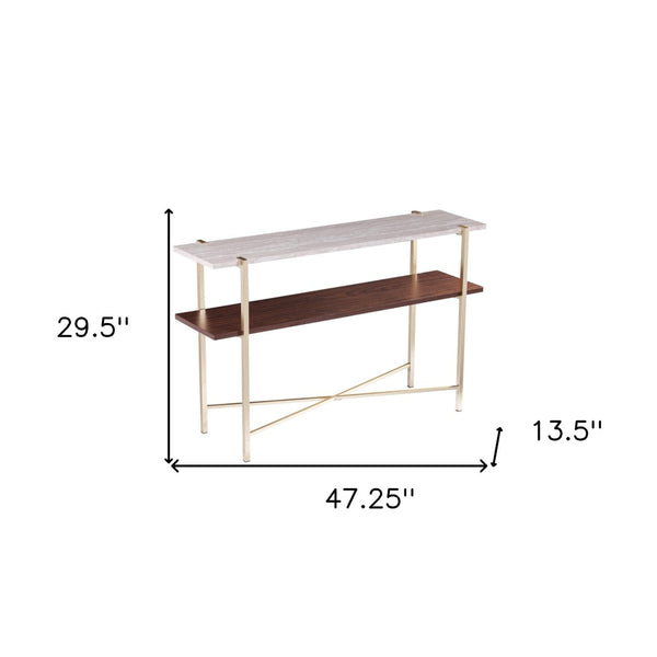 HomeRoots 47" Elegant White Faux Marble Console Table with Brass Frame - Versatile Entryway, Sofa & Desk Piece 402404