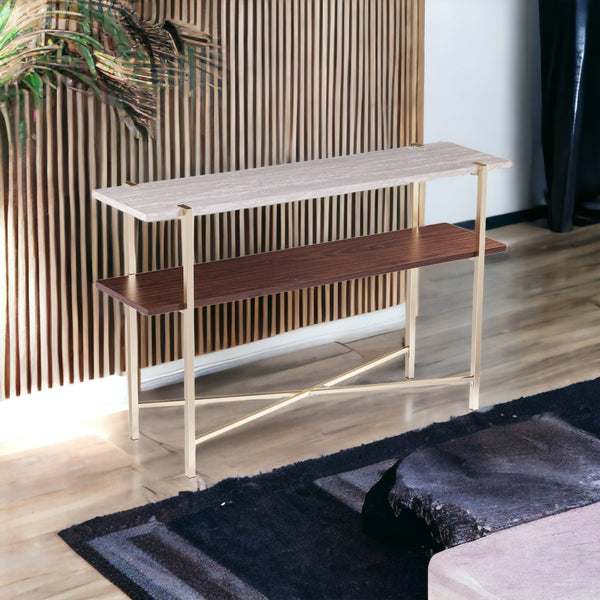 Homeroots 47" Beige And Gold Faux Marble Frame Console Table With Shelves   402404
