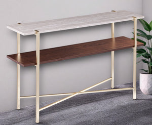 HomeRoots 47" Elegant White Faux Marble Console Table with Brass Frame - Versatile Entryway, Sofa & Desk Piece 402404