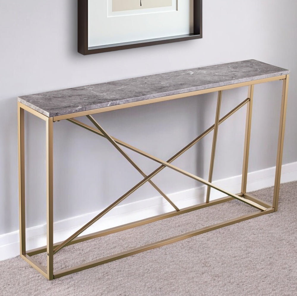 Homeroots 52" Gray And Gold Faux Marble Frame Console Table   402408