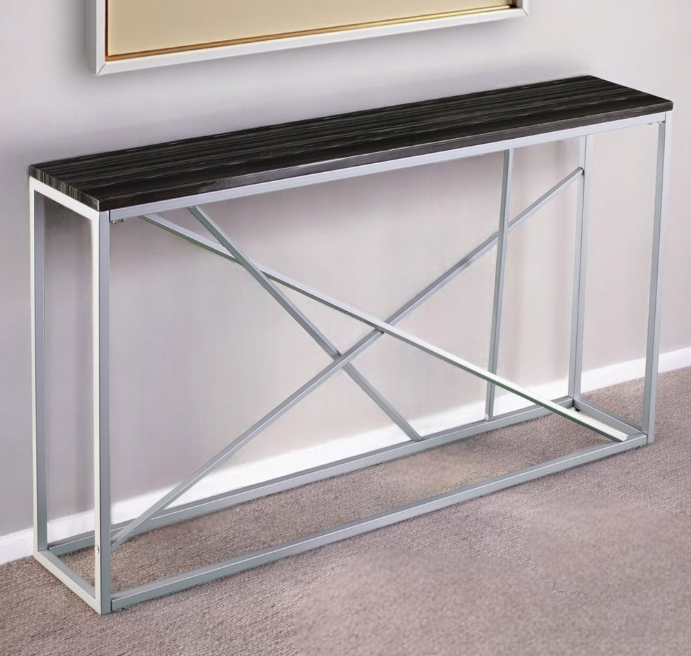 Homeroots 52" Black And Silver Faux Stone Frame Console Table   402409