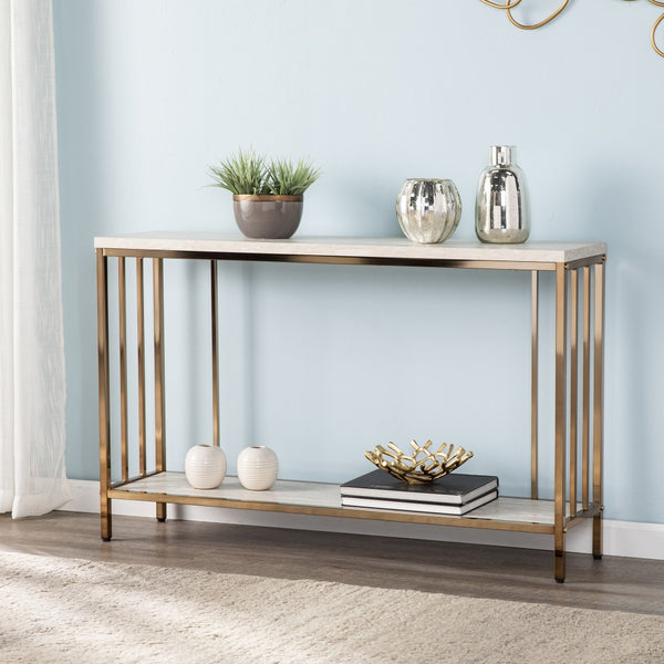 Homeroots 48" Champagne And Gold Faux Stone Floor Shelf Console Table With Storage   402415