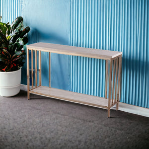 Homeroots 48" Champagne And Gold Faux Stone Floor Shelf Console Table With Storage   402415