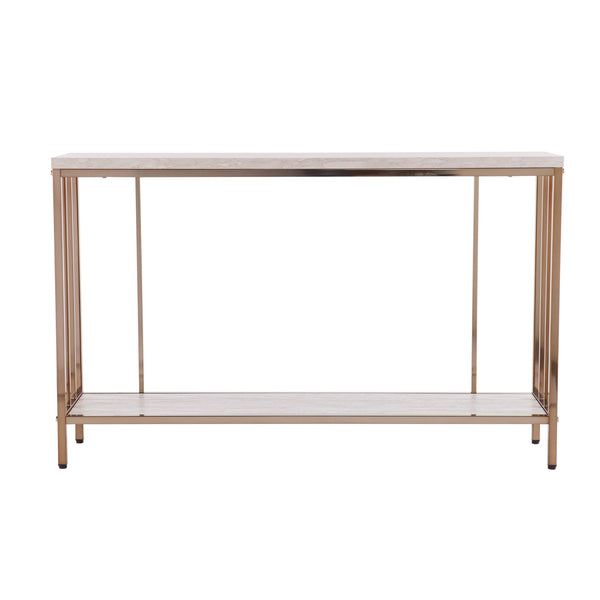 Homeroots 48" Champagne And Gold Faux Stone Floor Shelf Console Table With Storage   402415