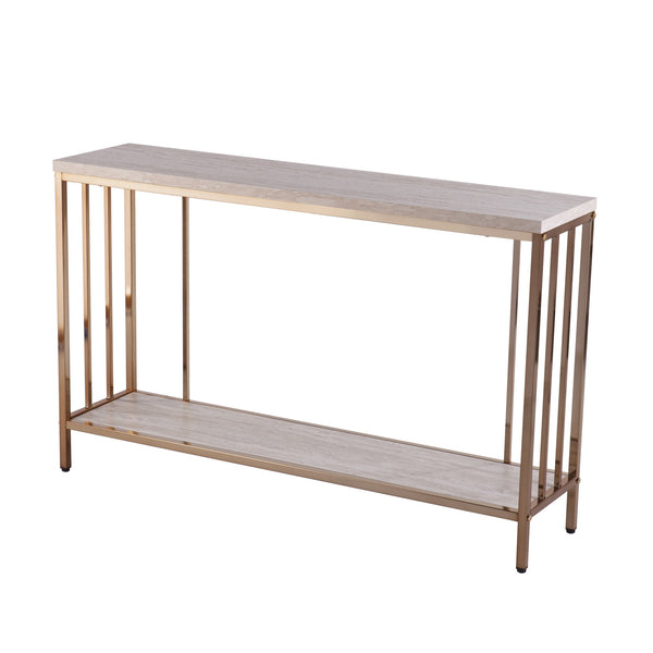 Homeroots 48" Champagne And Gold Faux Stone Floor Shelf Console Table With Storage   402415