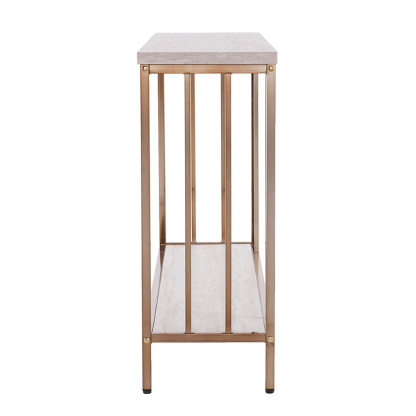 Homeroots 48" Champagne And Gold Faux Stone Floor Shelf Console Table With Storage   402415