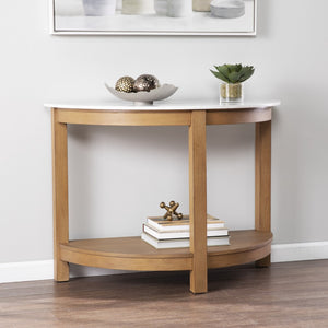 Homeroots 42" White And Natural Faux Marble Half Circle Three Leg Console Table With Shelves   402418