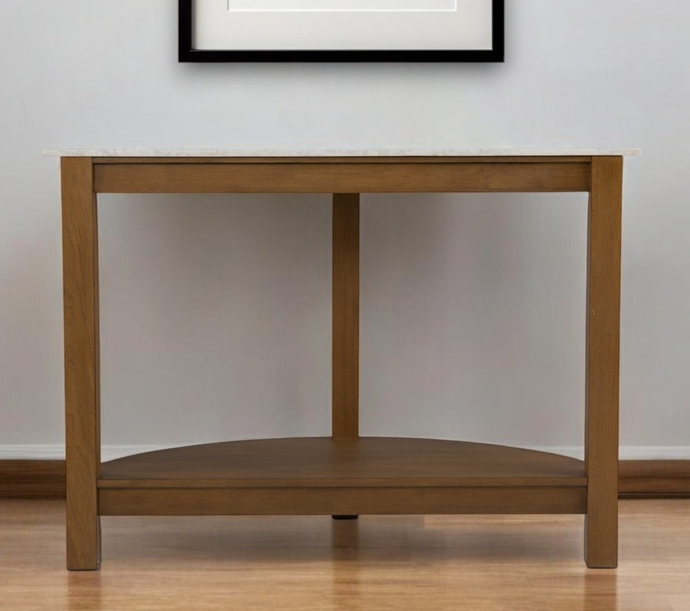 Homeroots 42" White And Natural Faux Marble Half Circle Three Leg Console Table With Shelves   402418