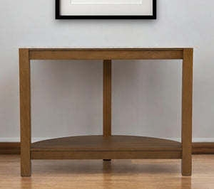 Homeroots 42" White And Natural Faux Marble Half Circle Three Leg Console Table With Shelves   402418