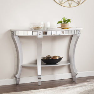 Homeroots 46" Silver Mirrored Glass Half Circle Console Table With Storage   402423