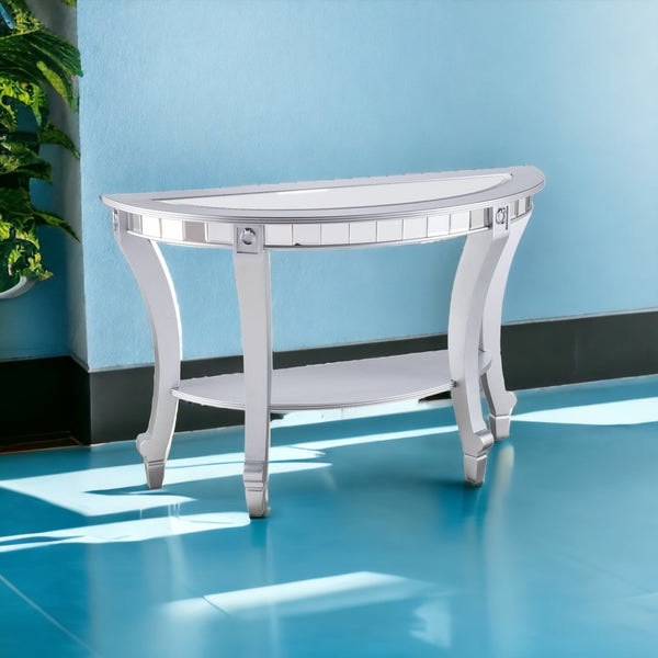 Homeroots 46" Silver Mirrored Glass Half Circle Console Table With Storage   402423