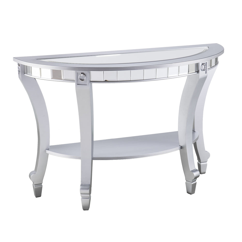 Homeroots 46" Silver Mirrored Glass Half Circle Console Table With Storage   402423