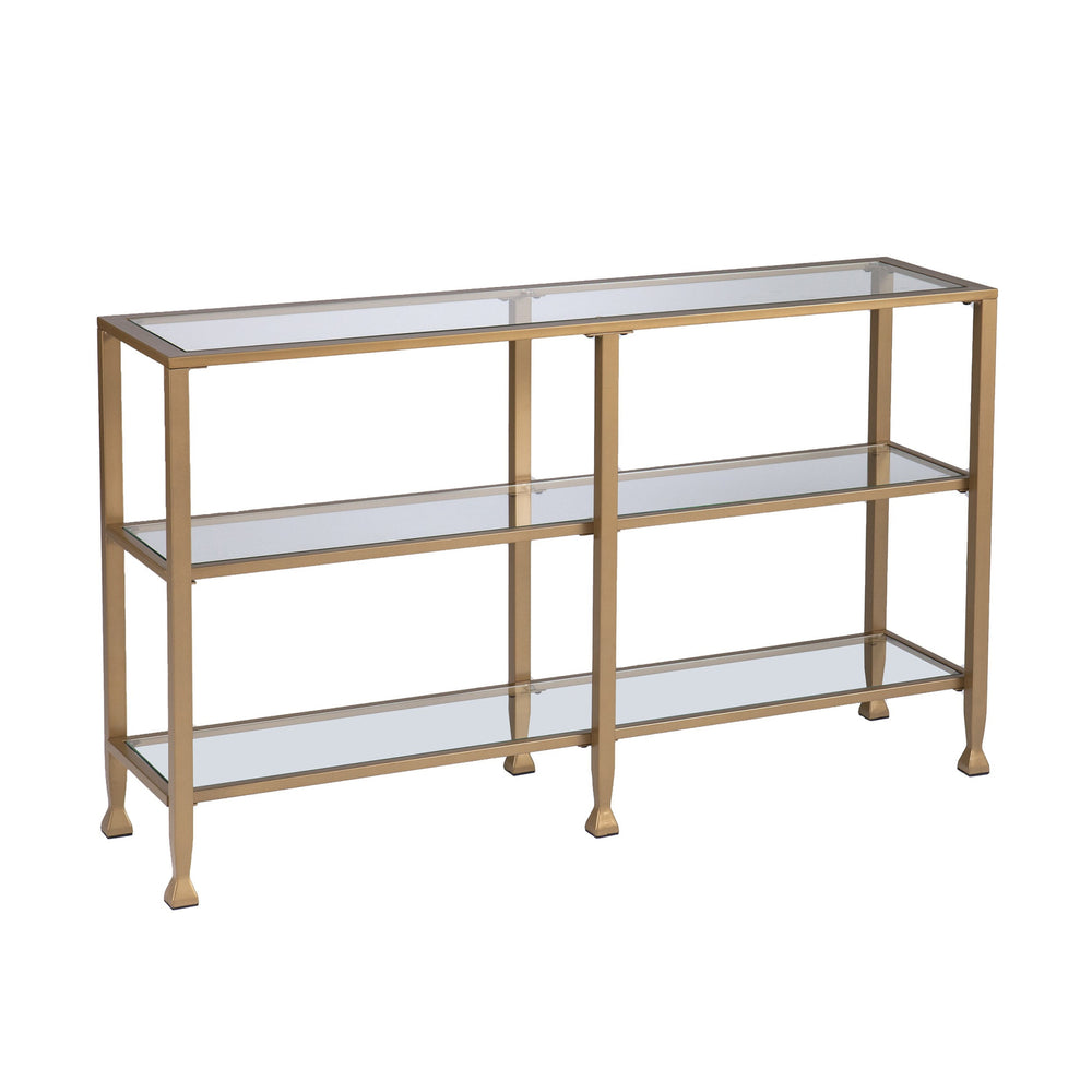 Homeroots 49" Clear And Gold Glass Floor Shelf Console Table With Storage   402428