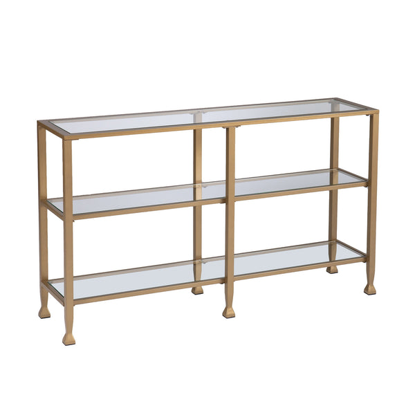 Homeroots 49" Clear And Gold Glass Floor Shelf Console Table With Storage   402428