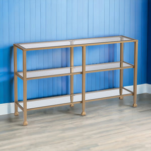 Homeroots 49" Clear And Gold Glass Floor Shelf Console Table With Storage   402428