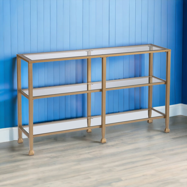 Homeroots 49" Clear And Gold Glass Floor Shelf Console Table With Storage   402428