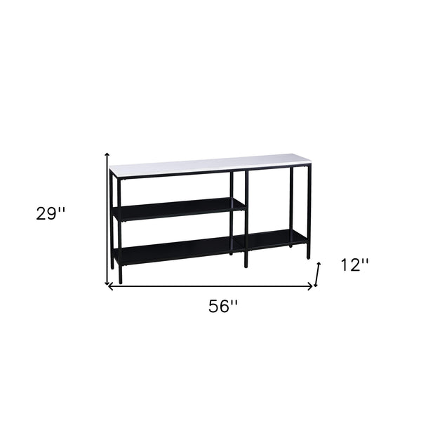 Homeroots 56" White And Black Faux Marble Floor Shelf Console Table With Shelves   402430