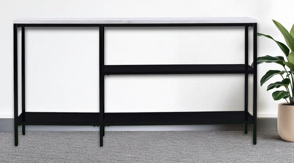 HomeRoots 56" Modern White Faux Marble Console Table with Black Iron Frame & 2 Stylish Shelves for Storage 402430