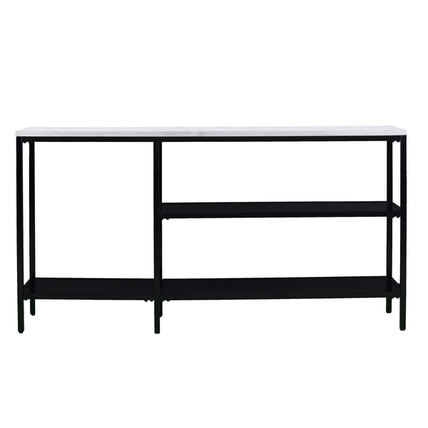 Homeroots 56" White And Black Faux Marble Floor Shelf Console Table With Shelves   402430