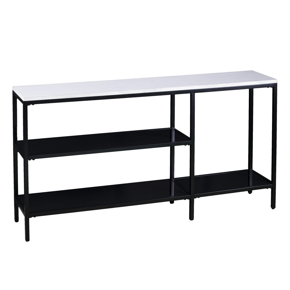 Homeroots 56" White And Black Faux Marble Floor Shelf Console Table With Shelves   402430
