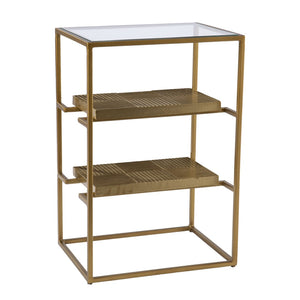 HomeRoots 24" Stylish Brass and Glass End Table with Two Shelves for Modern Living Room and Bedroom Decor 402437