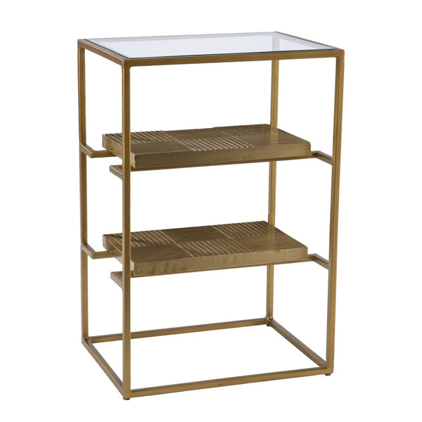 HomeRoots 24" Stylish Brass and Glass End Table with Two Shelves for Modern Living Room and Bedroom Decor 402437