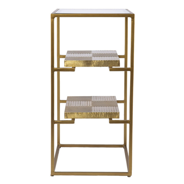 HomeRoots 24" Stylish Brass and Glass End Table with Two Shelves for Modern Living Room and Bedroom Decor 402437