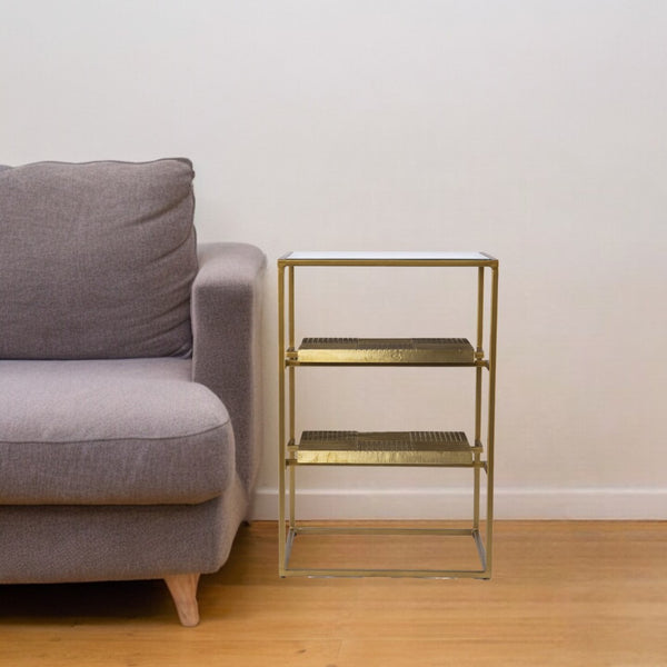 HomeRoots 24" Stylish Brass and Glass End Table with Two Shelves for Modern Living Room and Bedroom Decor 402437