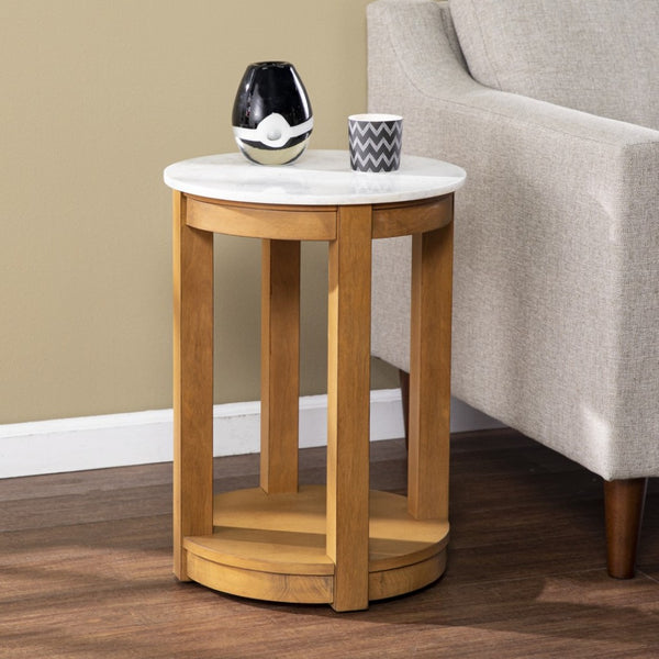 HomeRoots 22" Round End Table with Natural Wood and White Faux Marble Top – Stylish Storage for Small Spaces! 402438