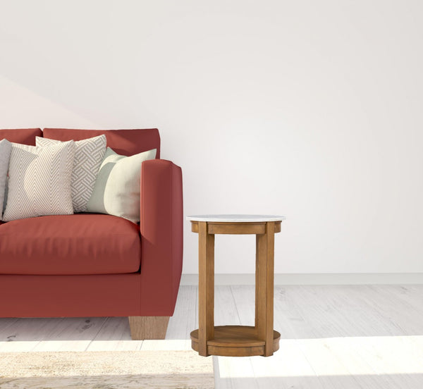 HomeRoots 22" Round End Table with Natural Wood and White Faux Marble Top – Stylish Storage for Small Spaces! 402438