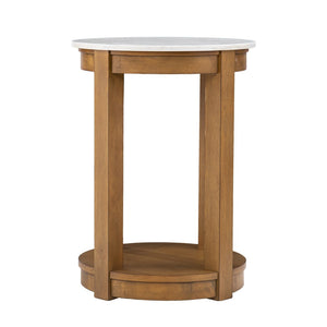 HomeRoots 22" Round End Table with Natural Wood and White Faux Marble Top – Stylish Storage for Small Spaces! 402438