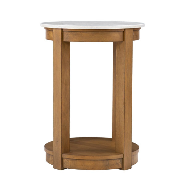 HomeRoots 22" Round End Table with Natural Wood and White Faux Marble Top – Stylish Storage for Small Spaces! 402438