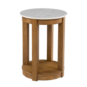 HomeRoots 22" Round End Table with Natural Wood and White Faux Marble Top – Stylish Storage for Small Spaces! 402438