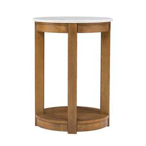 HomeRoots 22" Round End Table with Natural Wood and White Faux Marble Top – Stylish Storage for Small Spaces! 402438