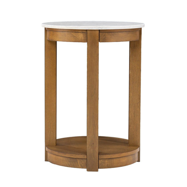 HomeRoots 22" Round End Table with Natural Wood and White Faux Marble Top – Stylish Storage for Small Spaces! 402438