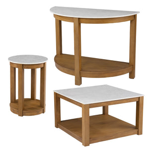 HomeRoots 22" Round End Table with Natural Wood and White Faux Marble Top – Stylish Storage for Small Spaces! 402438