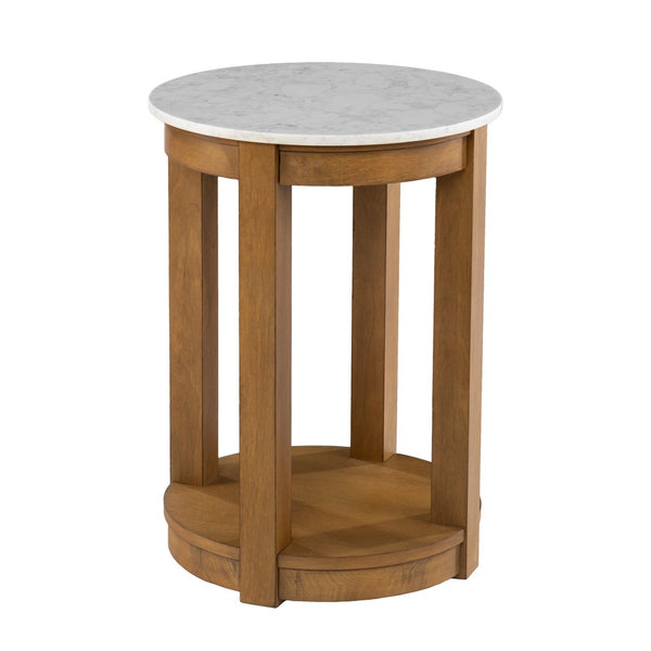 HomeRoots 22" Round End Table with Natural Wood and White Faux Marble Top – Stylish Storage for Small Spaces! 402438