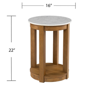 HomeRoots 22" Round End Table with Natural Wood and White Faux Marble Top – Stylish Storage for Small Spaces! 402438