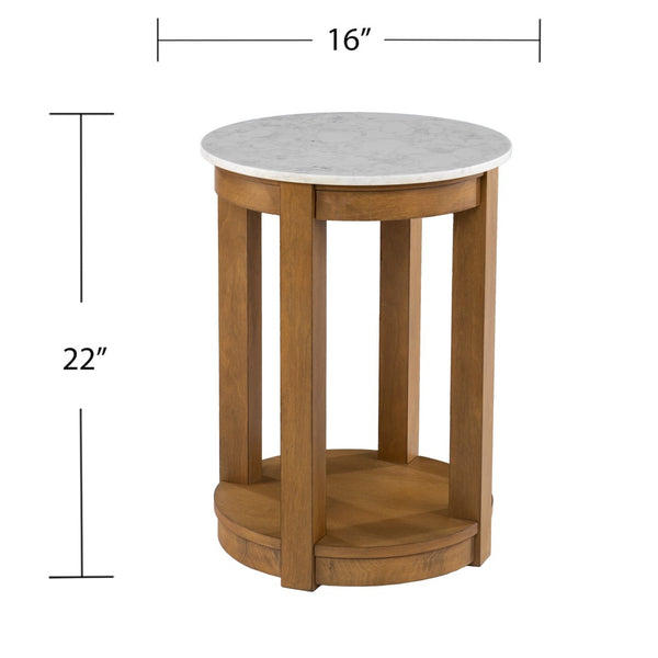 HomeRoots 22" Round End Table with Natural Wood and White Faux Marble Top – Stylish Storage for Small Spaces! 402438