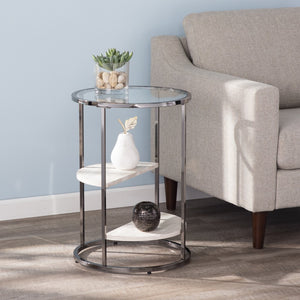 Homeroots 24" Black Metal Glass And Faux Marble Round End Table With Two Shelves   402441