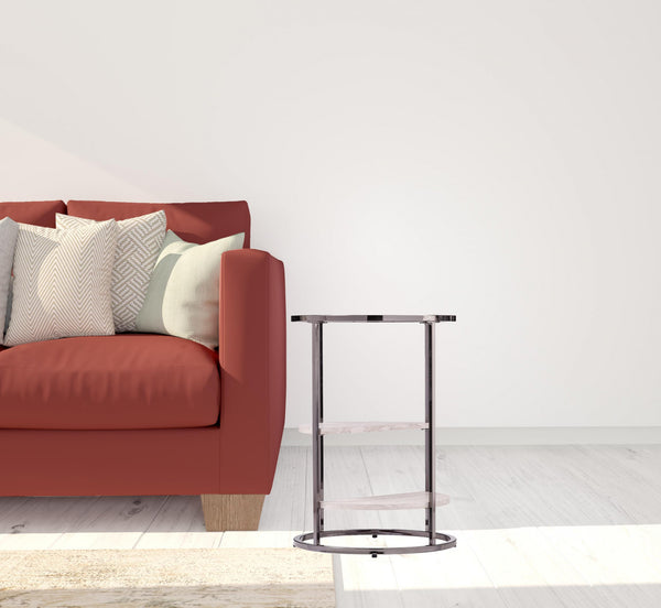 Homeroots 24" Black Metal Glass And Faux Marble Round End Table With Two Shelves   402441