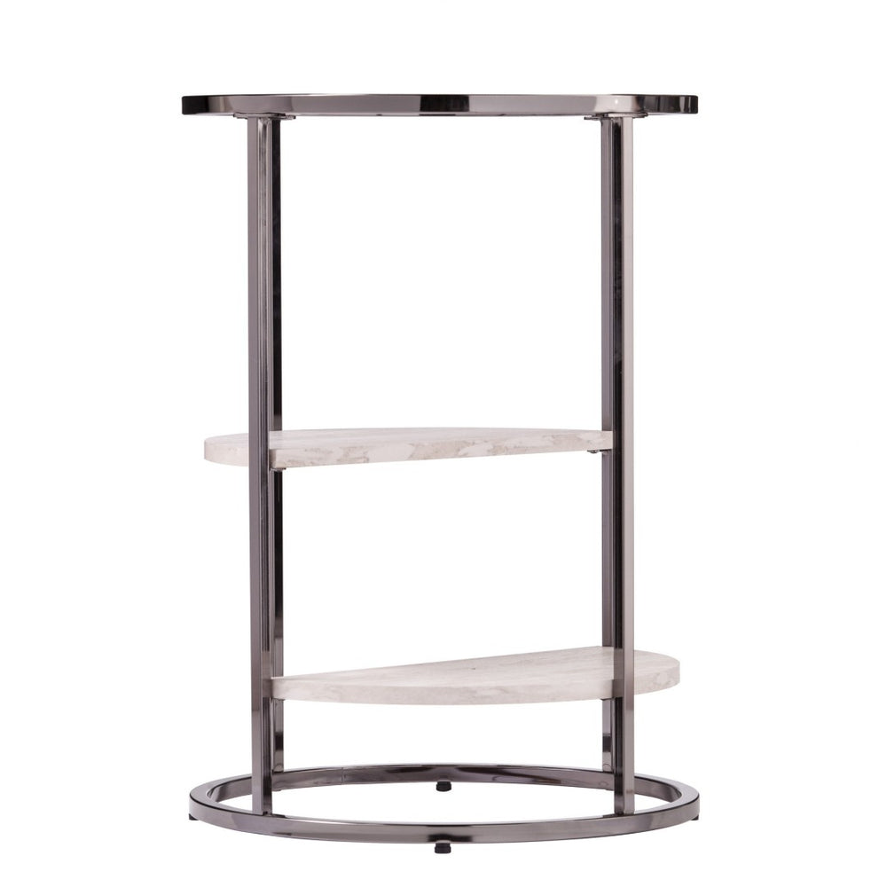 HomeRoots 24" Sleek Black Metal Round End Table with Glass Top & Faux Marble Shelves for Modern Living Spaces 402441
