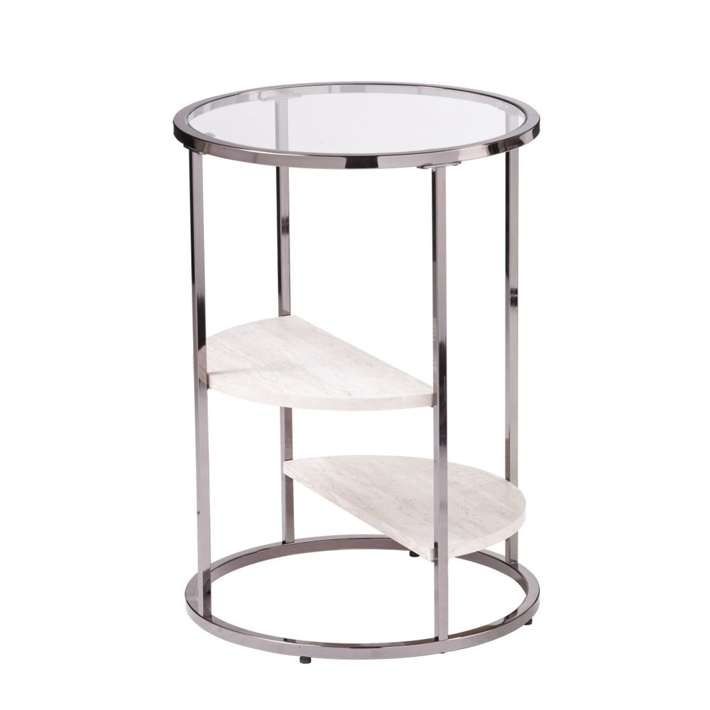 HomeRoots 24" Sleek Black Metal Round End Table with Glass Top & Faux Marble Shelves for Modern Living Spaces 402441