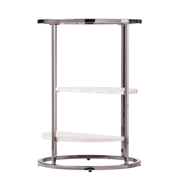 Homeroots 24" Black Metal Glass And Faux Marble Round End Table With Two Shelves   402441