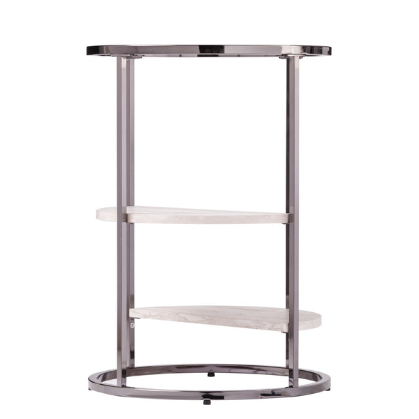 Homeroots 24" Black Metal Glass And Faux Marble Round End Table With Two Shelves   402441